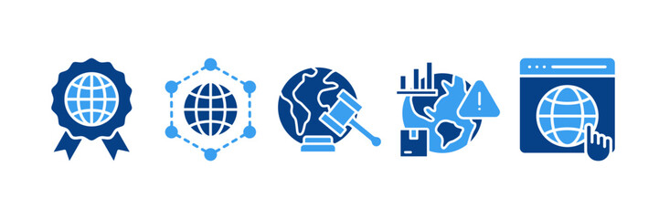 Global Business Icon Set Multiple Style Collection, Containing design Iso Standards, Distribution Network, International Regulation, Emerging Market Risk, Global Platform