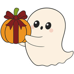 halloween cute ghost giving a pumpkin gift with ribbon in flat color cartoon style