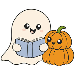 halloween cute ghost reading a book to a little pumpkin in flat color cartoon style