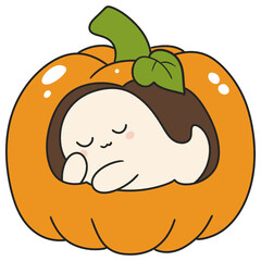 halloween cute ghost sleeping inside a pumpkin in flat color cartoon style