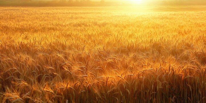 A hardworking farmer inspecting crops in a golden wheat field at sunrise.