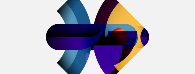 Abstract design features flowing shapes, vibrant colors. Purple, blue, yellow blend creating dynamic visual impact. Modern aesthetic.