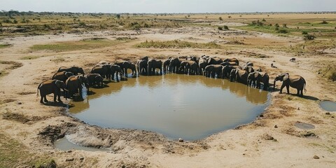 A herd of elephants drinking from a watering hole in a dusty landscape