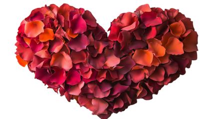 heart made of red rose petals.A heart shape is formed from many red and orange rose petals against a black background. This image features a transparent background, making it versatile for various des