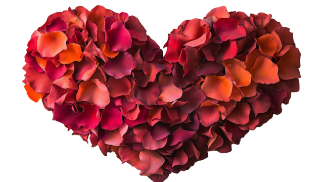 heart made of red rose petals.A heart shape is formed from many red and orange rose petals against a black background. This image features a transparent background, making it versatile for various des