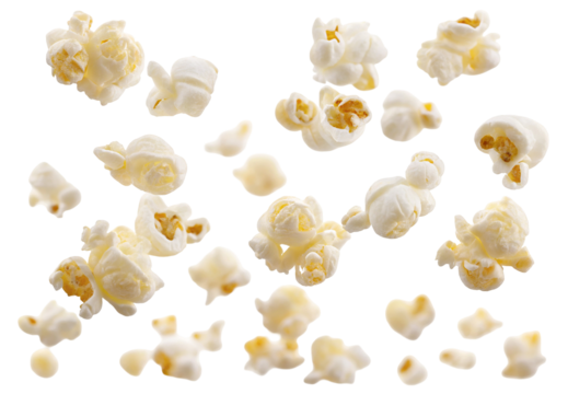Isolated popcorn pieces scattered on a black background creating a dynamic and visually appealing pattern