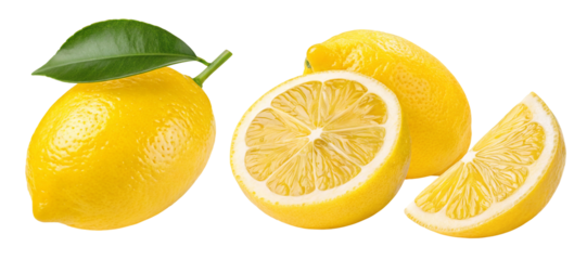 A still life of whole and sliced lemons with a green leaf isolated on a black background image view