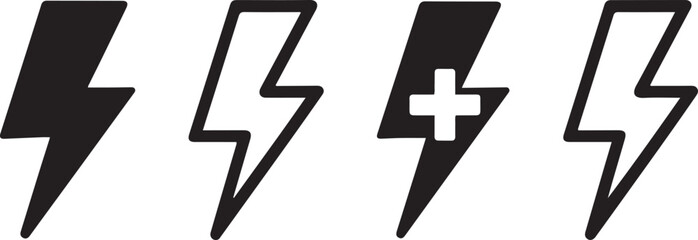 Bold Vector Lightning Bolt Icons: Four Styles, Energy, Power