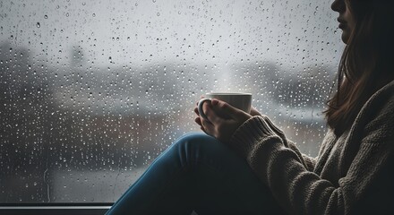Woman Contemplating Rainy Day While Holding Warm Drink