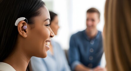 Smiling Woman with Hearing Aid in Group, Focused on Positive Communication