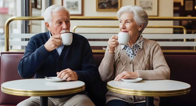 Elderly Couple Enjoying Coffee at a Cafe, Sharing a Moment Together