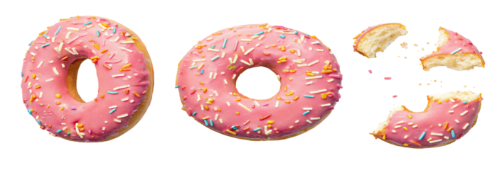 Three pink frosted donuts with sprinkles one broken apart on a black background studio shot view
