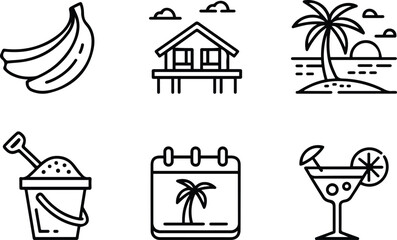  Tropical Vacation and Summer Holiday Outline Icons.