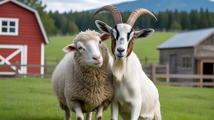 Obraz premium Farm Animals Sheep and Goat in Picturesque Countryside Setting