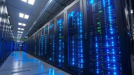 modern data center corridor with blue led server racks footage - Powered by Adobe