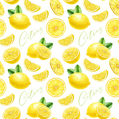 Lemon fruit with green leaves on white background seamless pattern. Hand drawn vintage style watercolor illustration. Fresh citrus yellow lemon fruit whole, cut and slice design decor element