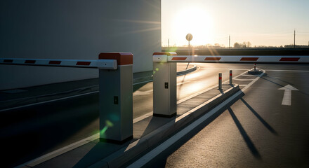 Automated Parking System Featuring Barrier Gates And Traffic Guidance At Sunrise