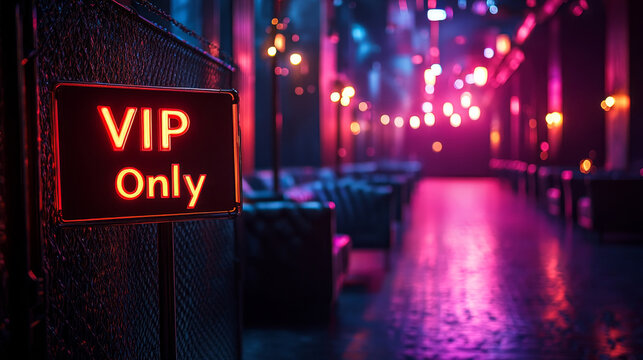 A neon-lit VIP Only sign at the entrance of a dimly lit, stylish lounge or nightclub with vibrant pink and blue lighting. - Powered by Adobe