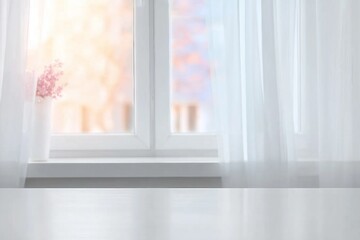 White table top on blurred pastel background of curtained window
