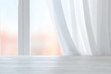 White table top on blurred pastel background of curtained window