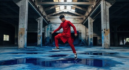 Obraz premium Ai generated image of a man in red clothing jumps dynamically in a bluehued industrial space