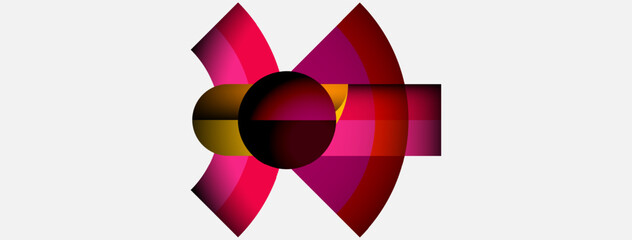 Abstract design features pink, maroon, gold shapes. Circular elements intersect creating dynamic visual impact. Minimalist composition on white background.