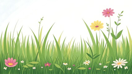 Fototapeta premium Vibrant green grass and colorful wildflowers bloom under a bright white sky in this cheerful spring meadow illustration