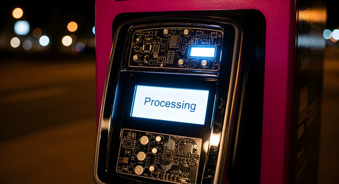 Automated System Processing Payments At Night With Electronic Circuitry Background