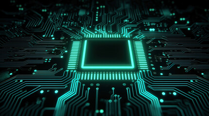 Fototapeta premium Neon-Lit Circuit Board Top‑Down with Glowing Blue‑Green Chips on Grid