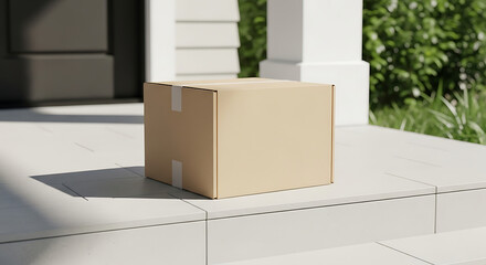 Kraft shipping box mockup placed on a modern front porch with sunlight casting soft shadows, no branding, tape, or text on the box surface