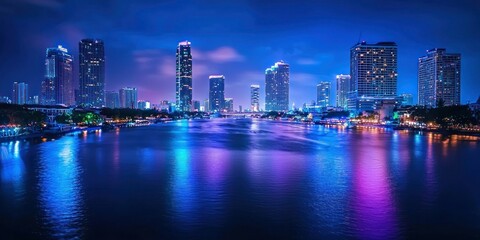 Naklejka premium A high-tech metropolis illuminated in blue and purple hues at night