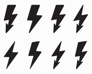 Lightning bolt icons set, black outline of flash lightning bolt icon vector illustration. Energy, power symbol.