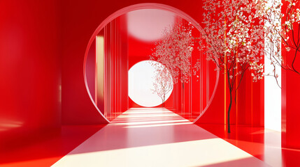 Bold Red Modern Interior with Geometric Arch Pathway, Stylized Cherry Blossom Trees, Circular Light Source, and High-Contrast Minimalist 3D Futuristic Scene