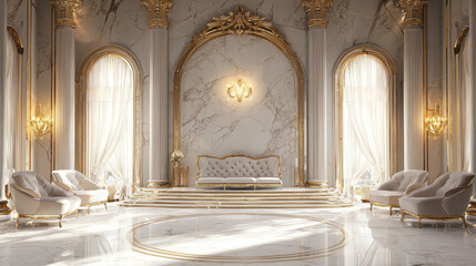Grand Royal Palace Interior with Marble Columns, Gold Arches, Ornate Chandeliers, Classic White Furniture, and Luxurious 3D Architectural Elegance in an Opulent Decorative Scene
