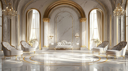 Grand Royal Palace Interior with Marble Columns, Gold Arches, Ornate Chandeliers, Classic White Furniture, and Luxurious 3D Architectural Elegance in an Opulent Decorative Scene