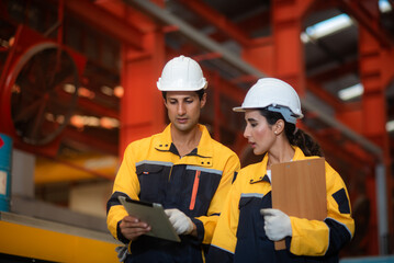 Latino male industrial engineer and female auditor working team wearing safety uniform workwear...
