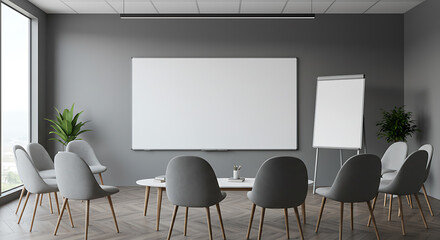 Modern Gray Office Conference Room Setup with Blank Whiteboards and Grey Chairs for Meetings and Presentations