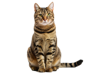A beautiful tabby cat with green eyes sits attentively isolated on white background