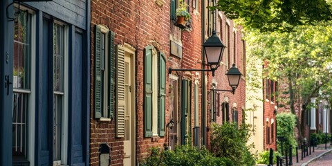Fototapeta premium A historic neighborhood with rustic brick facades and antique street lamps