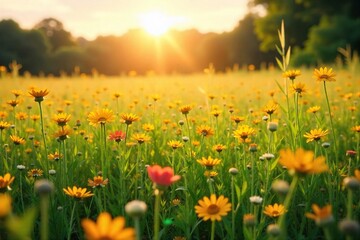 Golden Sunlight Bathes a Vast Wildflower Meadow, Creating a Breathtaking Summer Landscape of Tranquility and Idyllic Beauty.