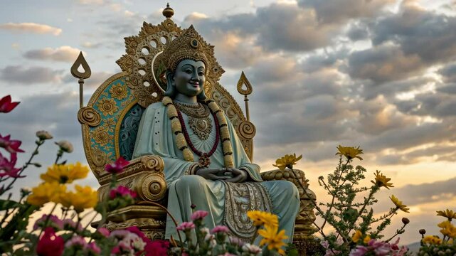 Majestic Statue of Lord Indra Amidst Blossoms