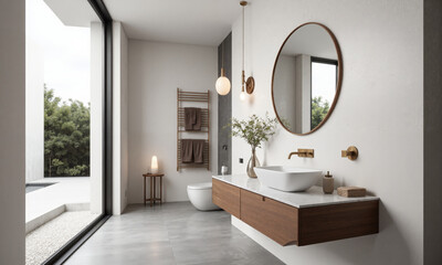 Fototapeta premium A modern minimalist bathroom with a floating vanity made of walnut wood, topped with a white marble countertop. Above the vanity, a round