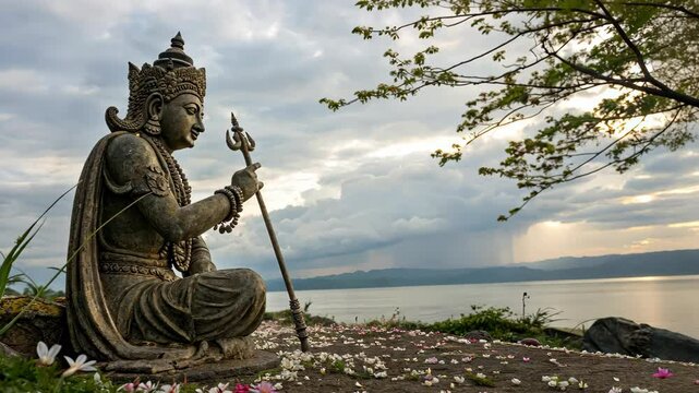 Serene Statue of Lord Indra by Tranquil Waters