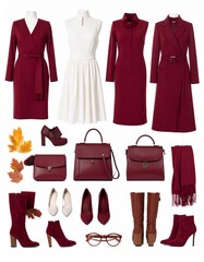 autumn woman dress or clothes, shoes, bag and accessories collection in maroon