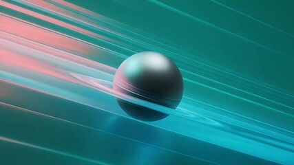Sphere in Motion: A sleek, metallic sphere glides effortlessly across a vibrant teal and pink abstract background, creating a sense of dynamism and futuristic elegance. - Powered by Adobe