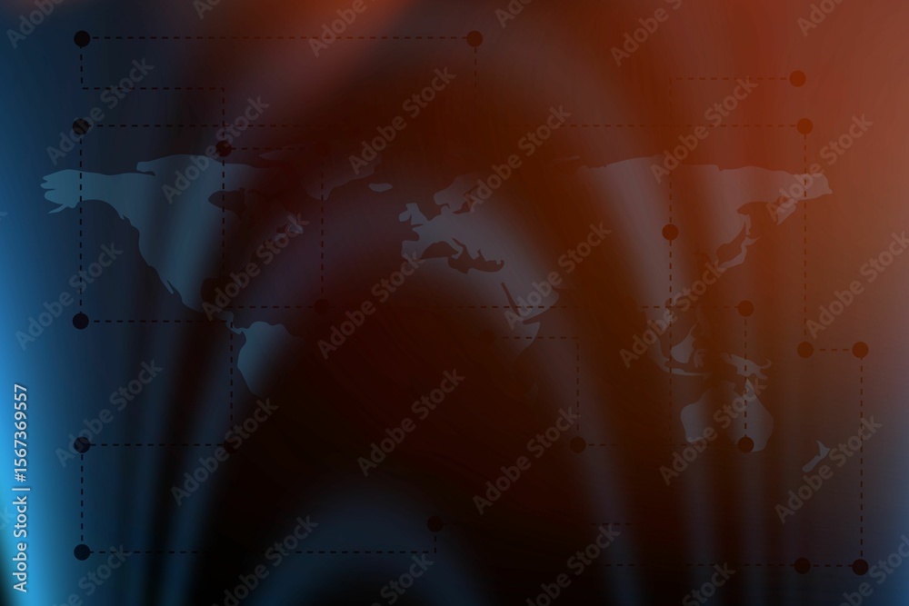 Poster abstract art is showing map silhouette over gradient with dashed lines nodes and vertical beams