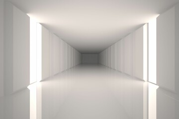 White corridor is extending toward vanishing point in 3D scene with light panels and mirror floor