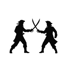 Two pirates dueling with swords silhouette fighting