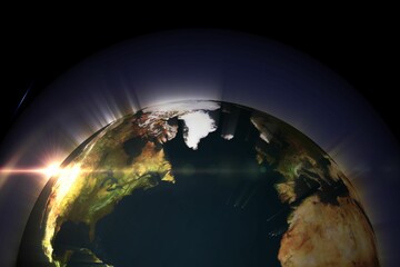 Obraz premium Vector flat design is showing illuminated Earth hemisphere in outer space view with sun lens flare