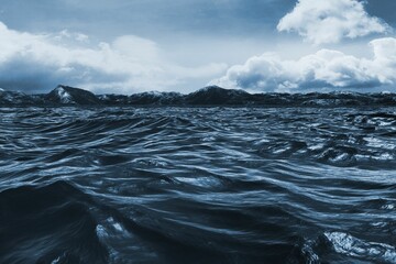 Sea and mountain against stromy sky